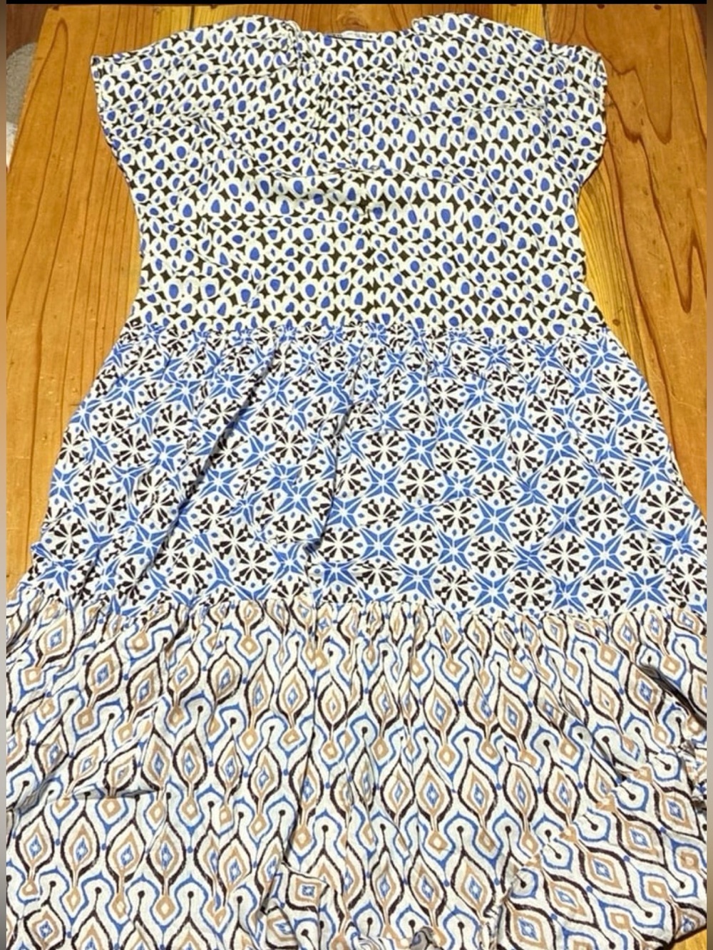 Zara Cream Dress with Blue and Brown Abstract Print